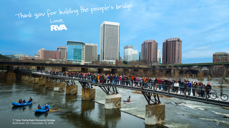 T Tyler Potterfield Bridge with people, rafts and kayaks